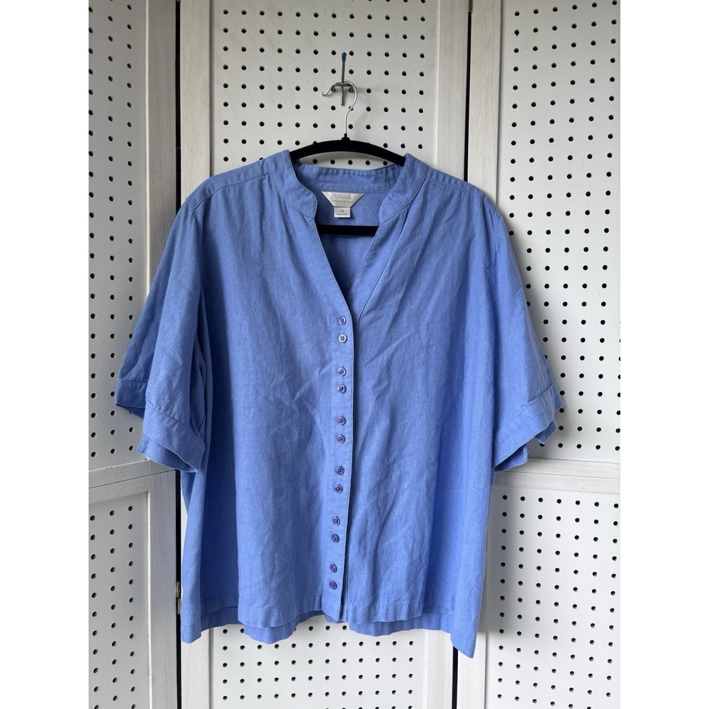 CJ BANKS Women's 1X Linen Rayon Short SLV Button Down Blouse Shirt Blue
